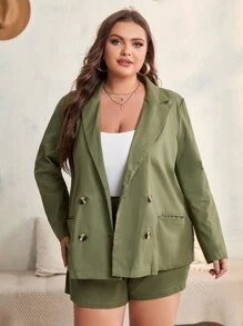 Blazer de cuello con solapa con botones de espalda con abertura & Shorts - Verde militar - Ver 4