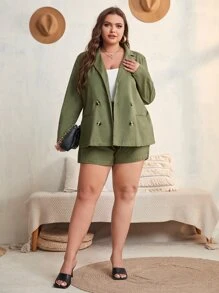 Blazer de cuello con solapa con botones de espalda con abertura & Shorts - Verde militar - Ver 5