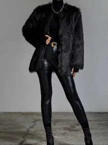 SHEIN BAE Open Front Fuzzy Coat In Fall/Winter - Black - View 6