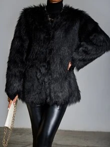 SHEIN BAE Open Front Fuzzy Coat In Fall/Winter - Black - View 4