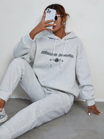 SHEIN Unity Letter Embroidery Drop Shoulder Drawstring Hoodie & Sweatpants