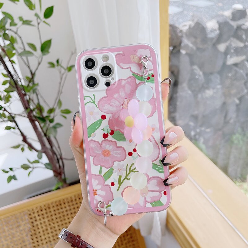 

Flower Pattern Phone Case With Beaded Hand Strap, Multicolor