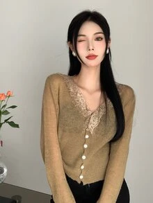 蕾絲邊短款開衫 - 摩卡棕 - 查看 5