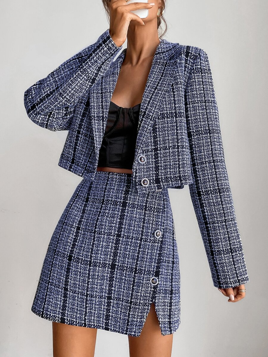 Plaid Tweed Crop Blazer & Split Hem Skirt - Multicolor - View 1
