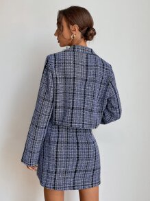 Plaid Tweed Crop Blazer & Split Hem Skirt - Multicolor - View 2
