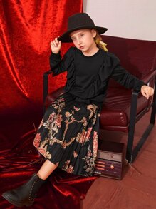 SHEIN Girls Ruffle Trim Pullover & Floral Print Pleated Skirt - Black - View 2