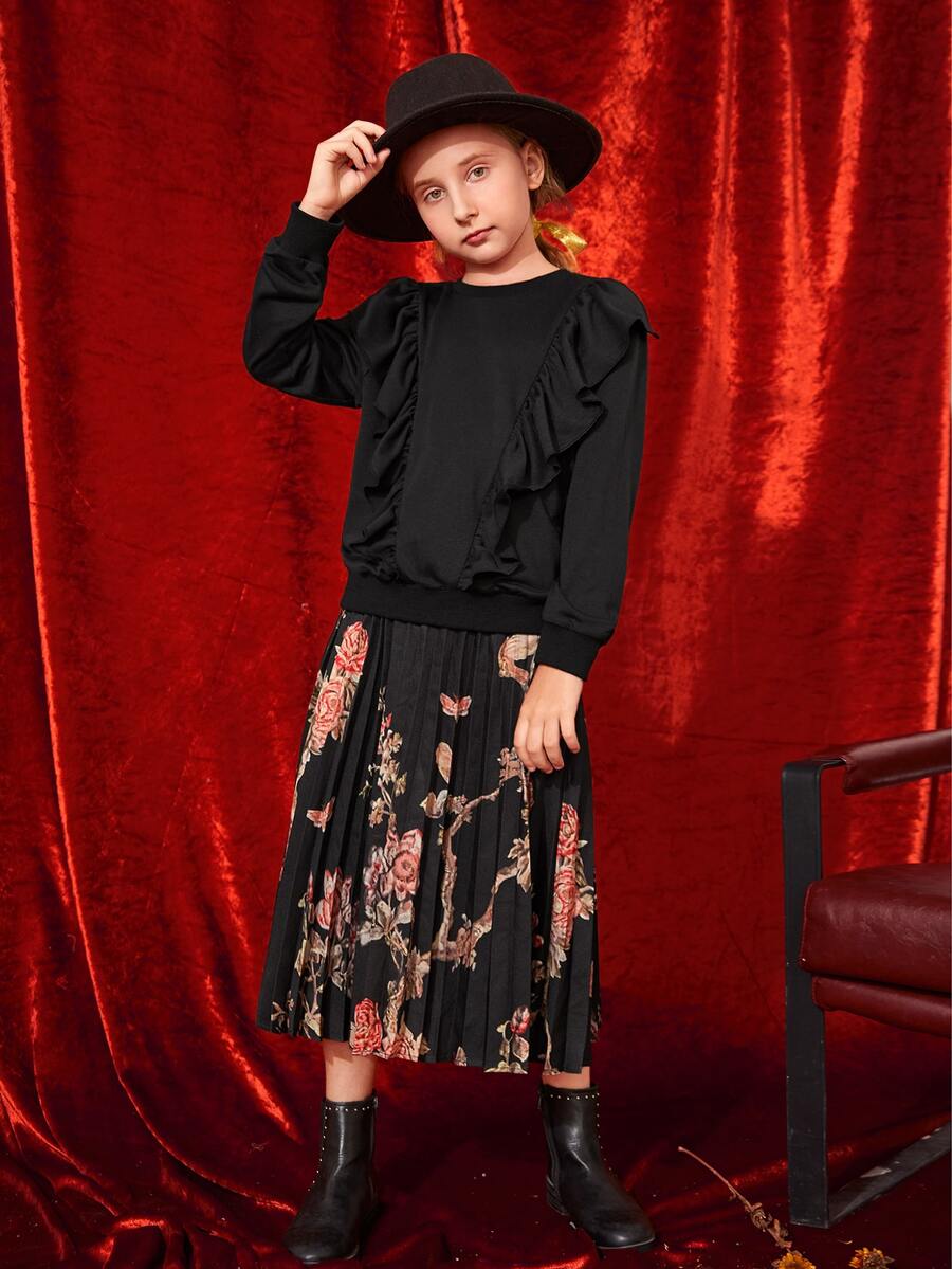 SHEIN Girls Ruffle Trim Pullover & Floral Print Pleated Skirt - Black - View 1