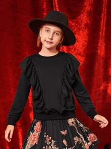 SHEIN Girls Ruffle Trim Pullover & Floral Print Pleated Skirt - Black - View 4