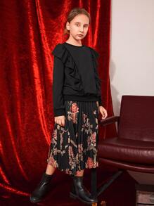SHEIN Girls Ruffle Trim Pullover & Floral Print Pleated Skirt - Black - View 5