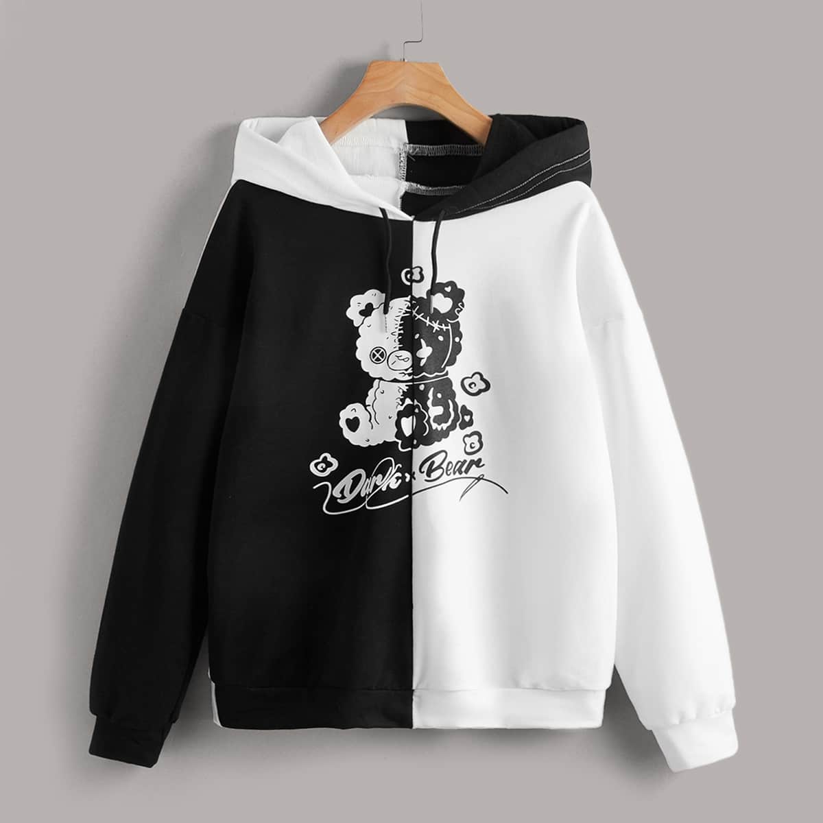 

Colorblock Cartoon Bear Graphic Drawstring Hoodie, Black and white