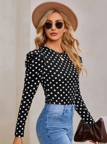 SHEIN 波卡圓點羊腿袖T恤 - 黑與白 - 查看 1