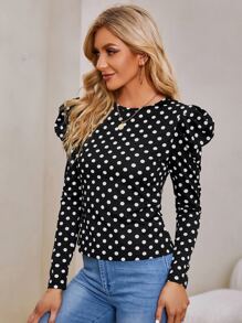 SHEIN 波卡圓點羊腿袖T恤 - 黑與白 - 查看 3