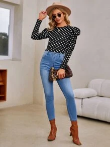 SHEIN 波卡圓點羊腿袖T恤 - 黑與白 - 查看 4