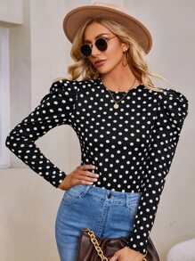 SHEIN 波卡圓點羊腿袖T恤 - 黑與白 - 查看 5