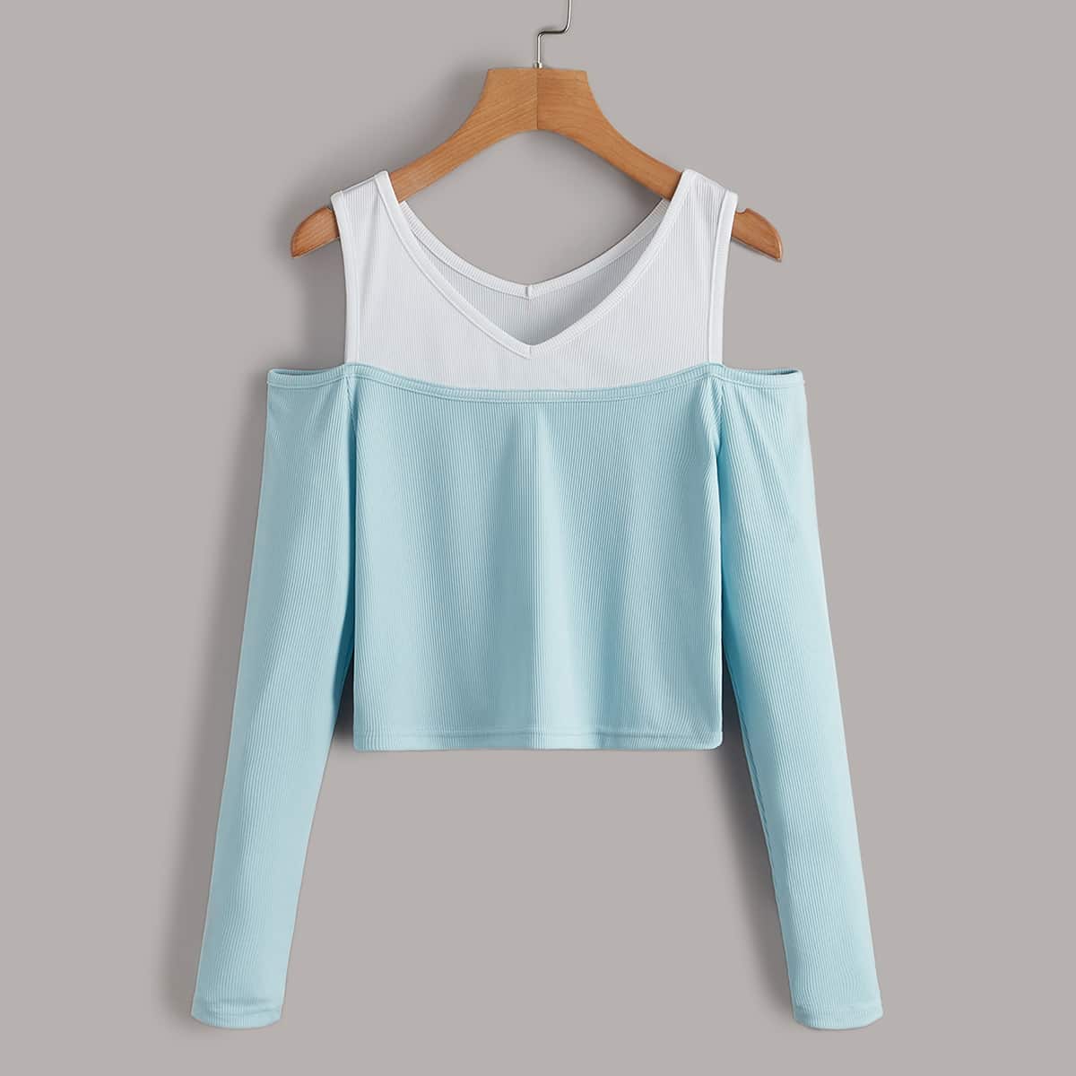 

2 In 1 Colorblock Cut Out Crop Tee, Blue and white