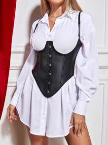 Lace Up Back Hanky Hem Underbust PU Leather Corset Without Dress - Black - View 1