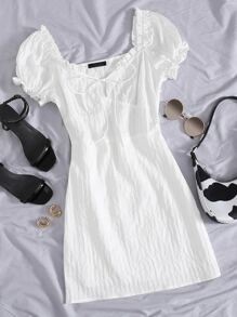 Frill Trim Tie Front Crinkle Dress - White - View 1