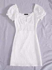 Frill Trim Tie Front Crinkle Dress - White - View 3