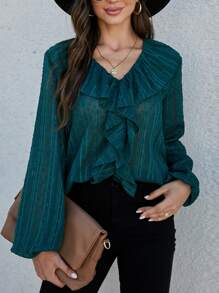 Ruffle Trim Swiss Dot Blouse - Dark Green - View 4