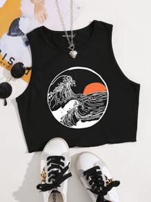 SHEIN Unity Wave & Sun Print Tank Top - Black - View 1