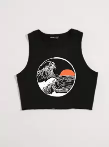 SHEIN Unity Wave & Sun Print Tank Top - Black - View 4