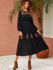 Rusttydustty Floral Embroidery Lantern Sleeve Ruffle Hem Dress - Black - View 1