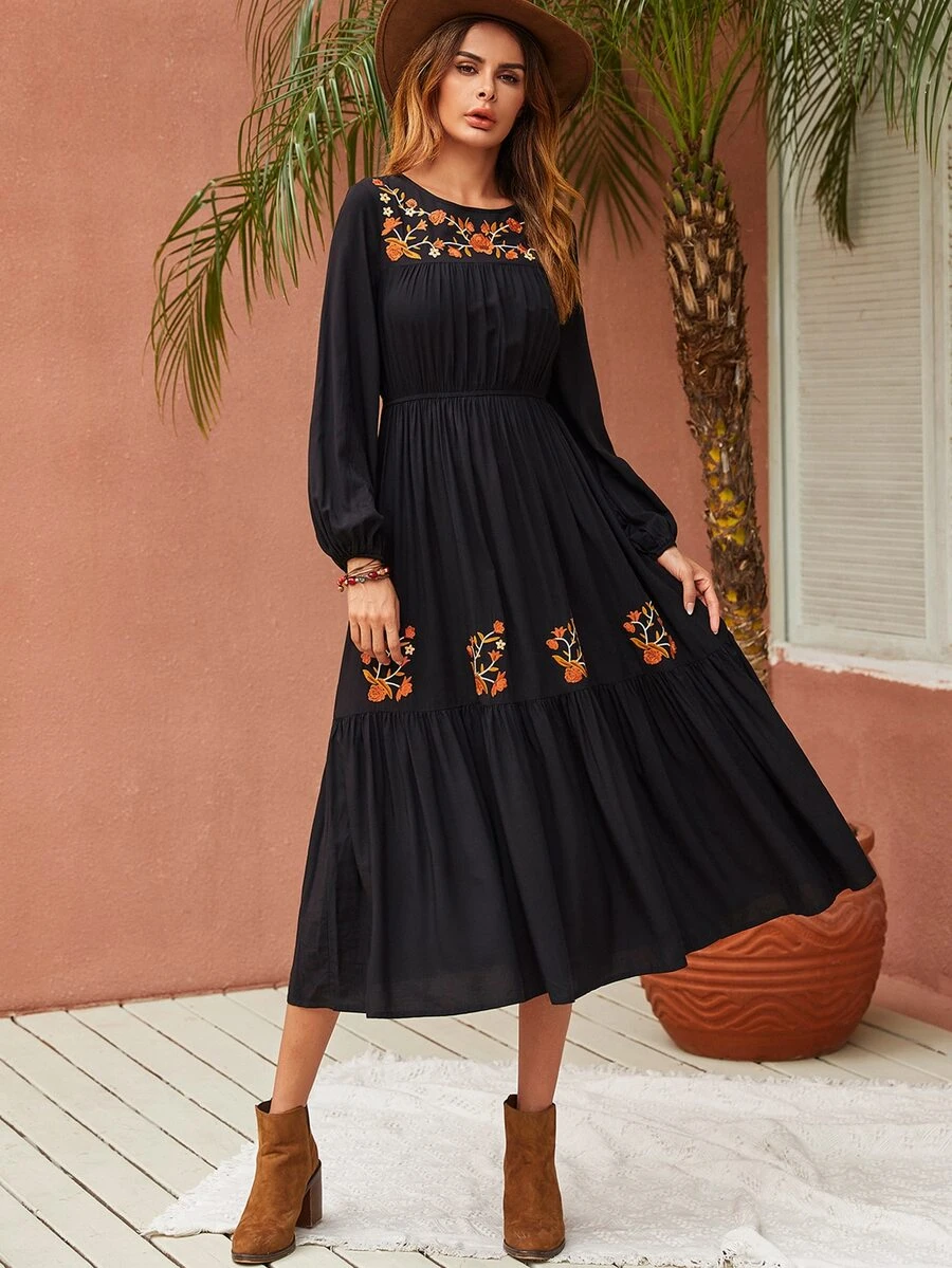 Rusttydustty Floral Embroidery Lantern Sleeve Ruffle Hem Dress - Black - View 1