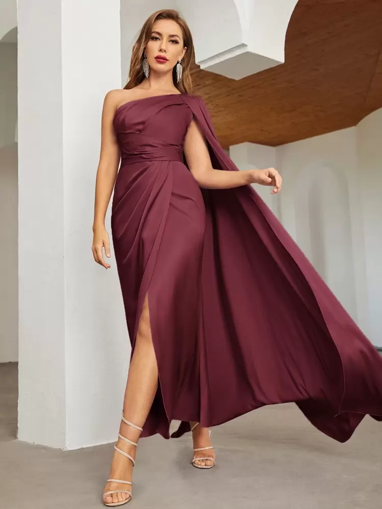 shein one shoulder cloak sleeve wrap hem solid dress SHEIN Belle One Shoulder Cloak Sleeve Wrap Hem Solid Dress