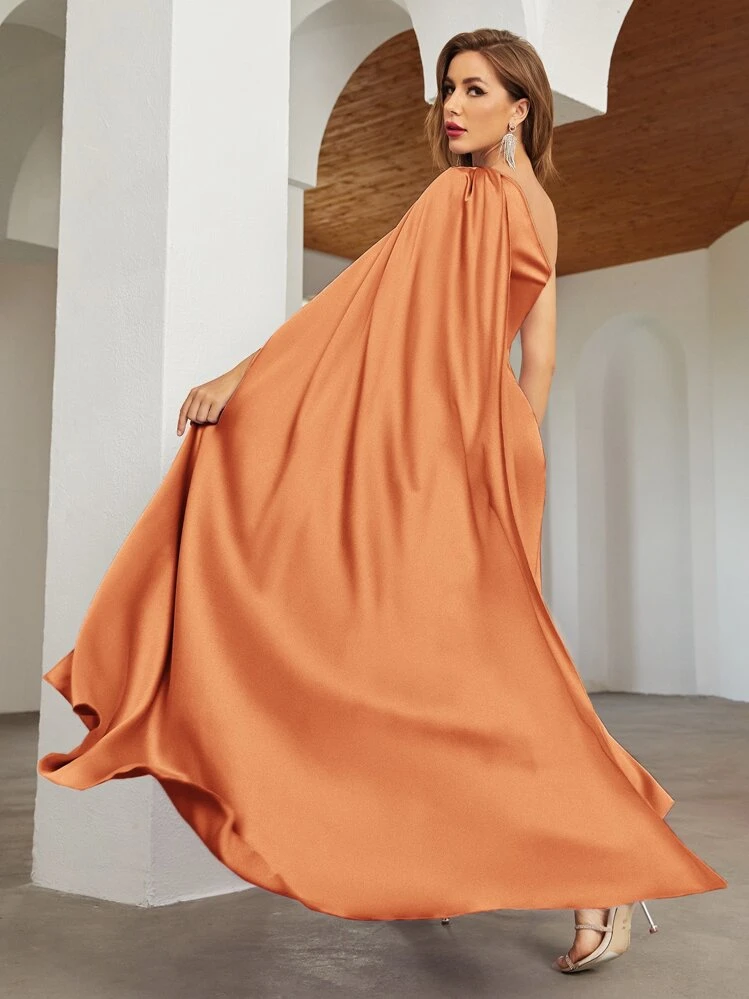 shein one shoulder cloak sleeve wrap hem solid dress SHEIN Belle One Shoulder Cloak Sleeve Wrap Hem Solid Dress
