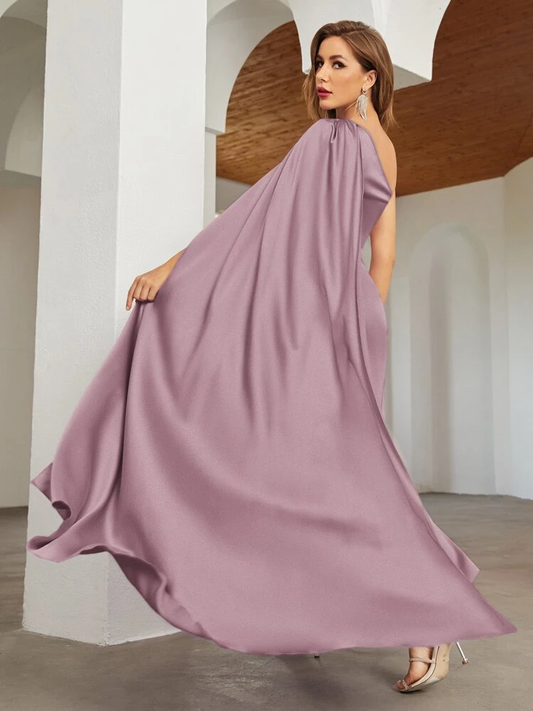 SHEIN Belle One Shoulder Cloak Sleeve Wrap Hem Solid Dress | SHEIN USA