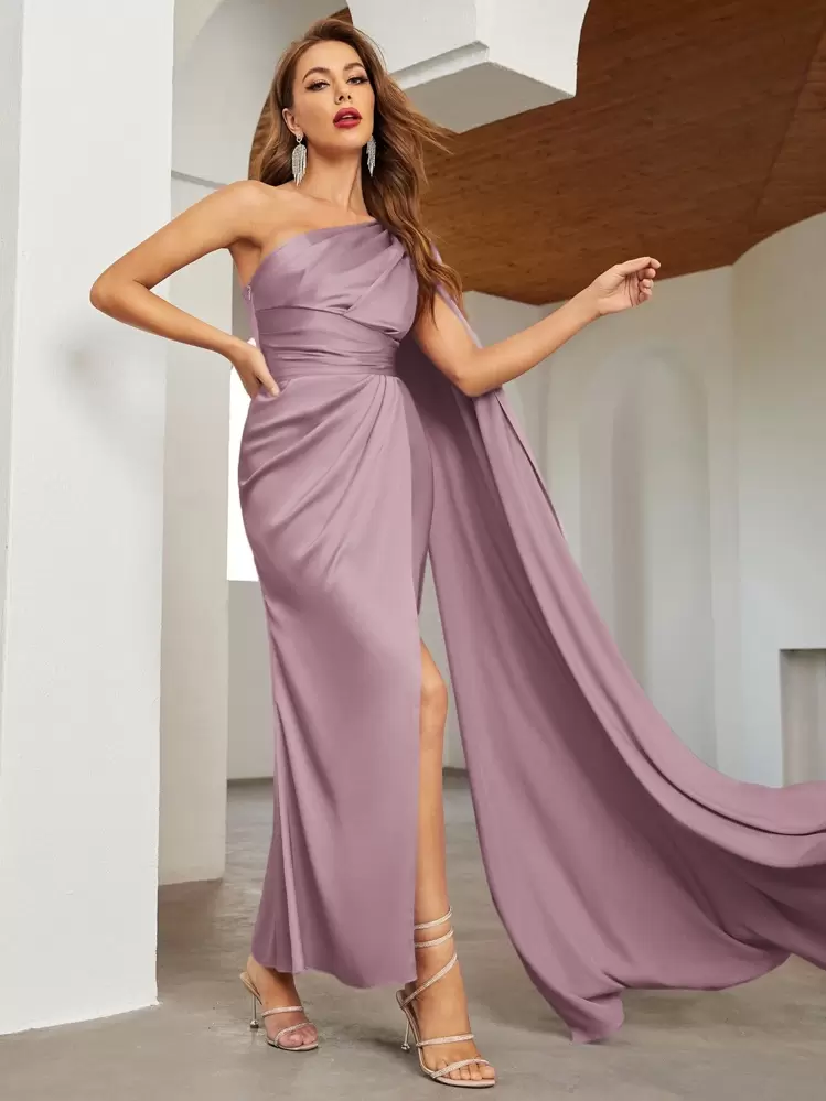shein one shoulder cloak sleeve wrap hem solid dress SHEIN Belle One Shoulder Cloak Sleeve Wrap Hem Solid Dress