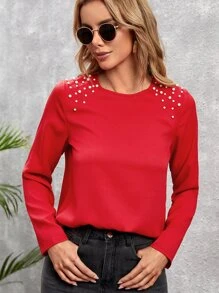 SHEIN Áo sơ mi nữ cườm đính Nút Ngọc trai màu trơn Thanh lịch - Đỏ - Xem 4
