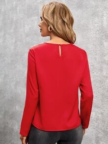 SHEIN Áo sơ mi nữ cườm đính Nút Ngọc trai màu trơn Thanh lịch - Đỏ - Xem 2