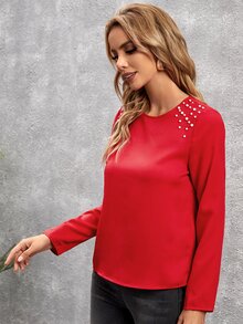 SHEIN Áo sơ mi nữ cườm đính Nút Ngọc trai màu trơn Thanh lịch - Đỏ - Xem 5