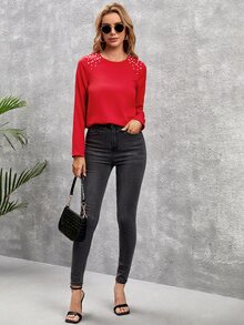 SHEIN Áo sơ mi nữ cườm đính Nút Ngọc trai màu trơn Thanh lịch - Đỏ - Xem 3