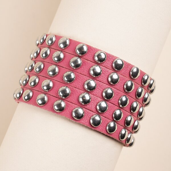 

Men Round Studded Decor Wide Bracelet, Hot pink