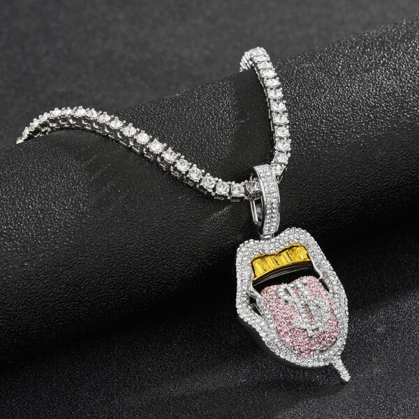 

Men Rhinestone Tongue Charm Necklace, Silver