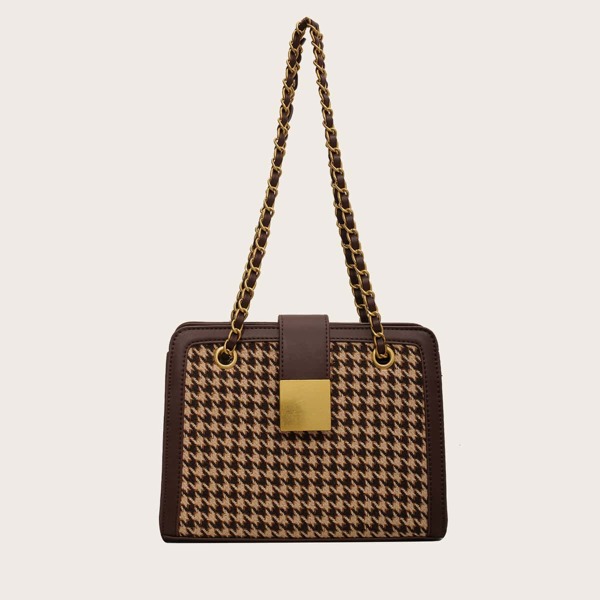 

Contrast Binding Houndstooth Pattern Chain Square Bag, Coffee brown