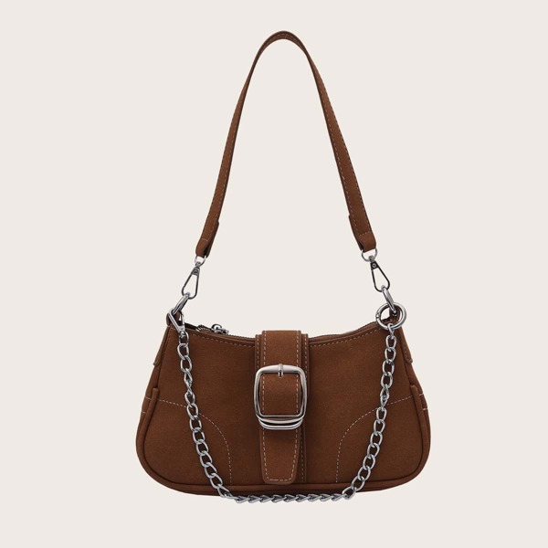 

Stitch Detail Buckle Decor Chain Baguette Bag, Brown