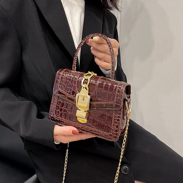 

Croc Embossed Buckle Decor Chain Satchel Bag, Coffee brown