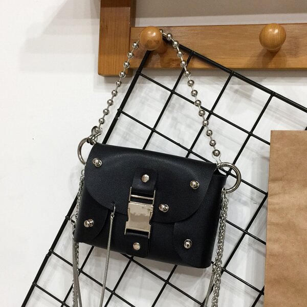 

Buckle Decor Chain Decor Satchel Bag, Black