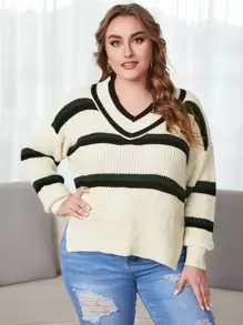 Calvaya 大碼條紋圖案落肩袖下擺開叉套頭毛衣 - 彩色 - 查看 1