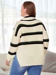 Calvaya 大碼條紋圖案落肩袖下擺開叉套頭毛衣 - 彩色 - 查看 2