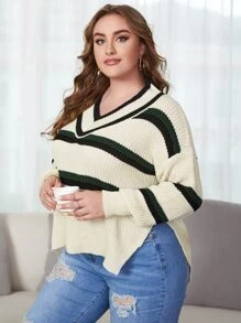 Calvaya 大碼條紋圖案落肩袖下擺開叉套頭毛衣 - 彩色 - 查看 4