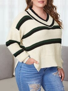 Calvaya 大碼條紋圖案落肩袖下擺開叉套頭毛衣 - 彩色 - 查看 5