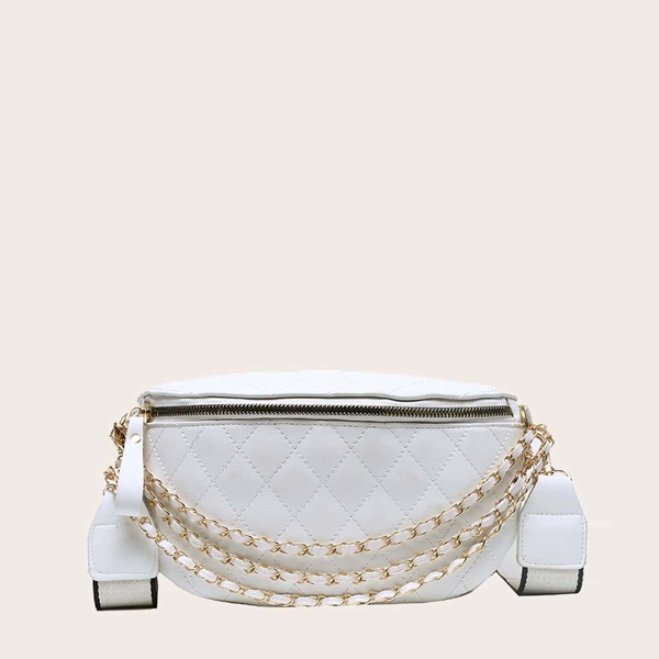 

Minimalist Quilted Chain Decor Fanny Pack, White