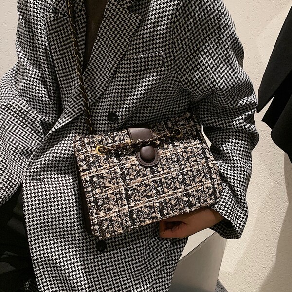 

Plaid Tweed Chain Square Bag, Multicolor