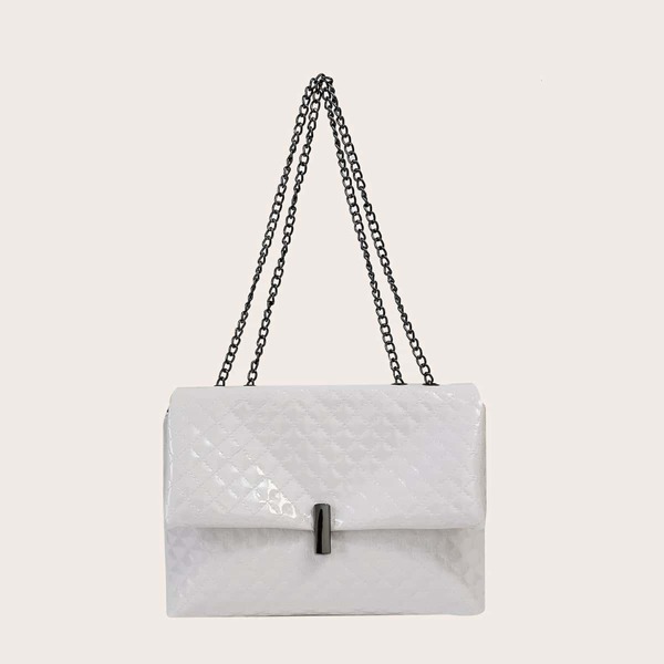 

Quilted Chain Flap Baguette Bag, White