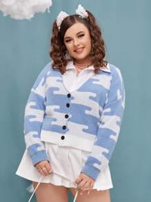 SHEIN Qutie Plus Graphic Pattern Drop Shoulder Cardigan - Blue and White - View 1