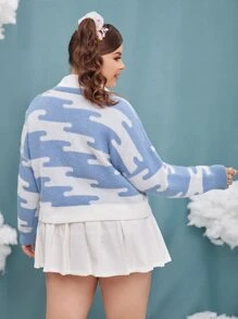 SHEIN Qutie Plus Graphic Pattern Drop Shoulder Cardigan - Blue and White - View 2